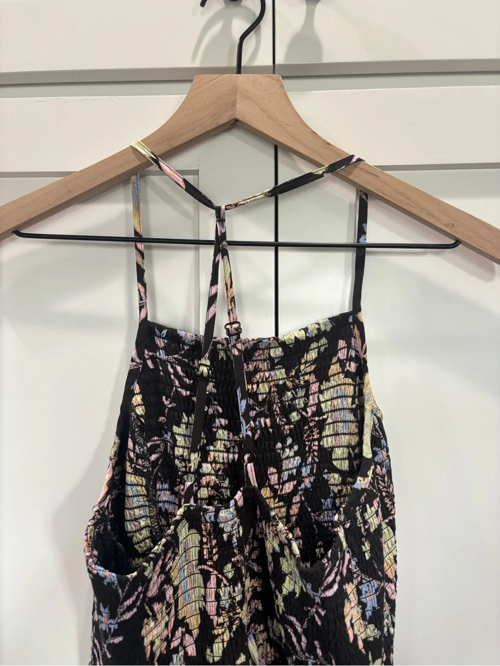 Free People Black Free Flowing Maxi Dress with Ruched Top- Pastel Floral Pattern